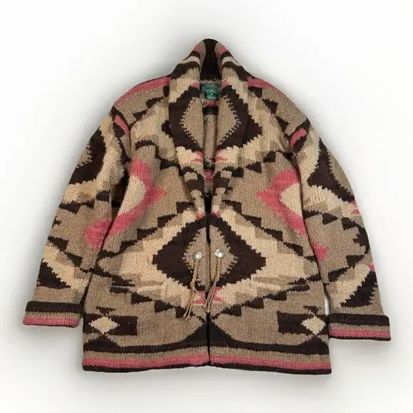 Vintage Ralph Lauren Country Navajo Hand Knit Cardigan Sweater Wool Size M Aztec - Picture 1 of 8